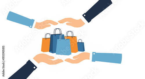 Hands exchanging shopping bags in a business setting.