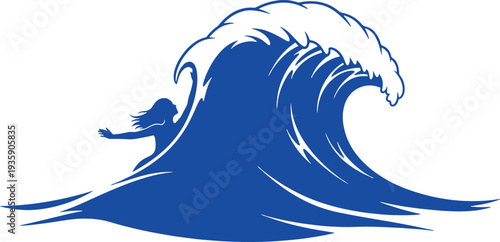 Resilient Woman Silhouette Surfing Massive Ocean Wave Representing Strength and Empowerment Concept