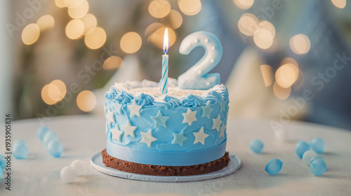 A blue birthday cake with white stars, a burning striped candle, and a number two topper on a table with bokeh lights. Second birthday, celebration, kids party, festive dessert, sweet treat.