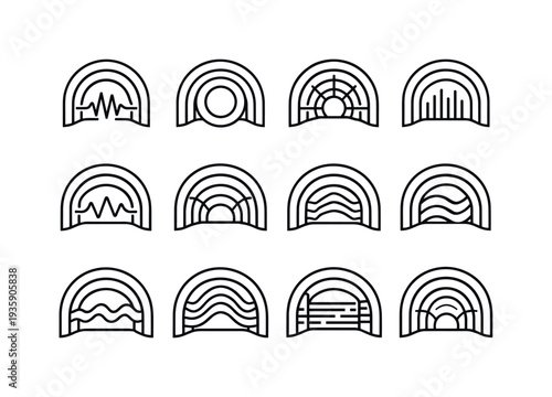 Line style vector icons of mining/utility tunnels: pulse arc, loop ring, propagation tile, rhythm bar, rhythm contour,