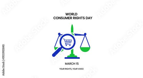 World Consumer Rights Day graphic with shopping cart and scales.