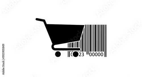 Black shopping cart icon with barcode and wheels.