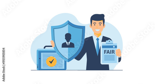 Man holding a shield and a fair document with a briefcase.