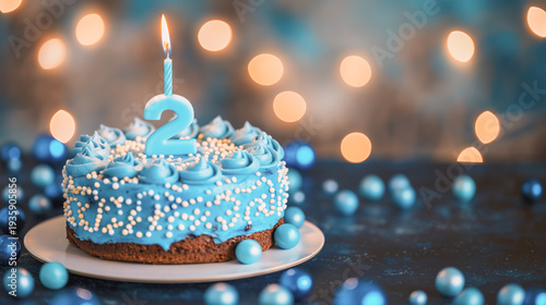 A blue frosted birthday cake with a number two candle and white sprinkles sits on a plate against festive bokeh lights. Second birthday, kids party, sweet dessert, celebration, blue cake.