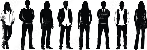Business people standing silhouettes men and women professional team vector set isolated on white background
