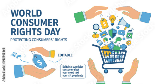 World Consumer Rights Day protecting consumers rights illustration.