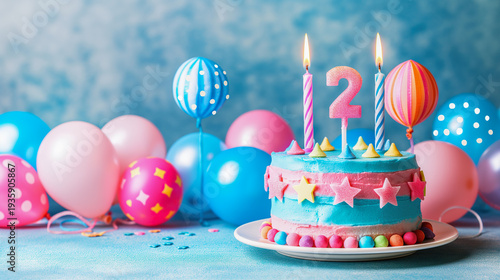 A blue and pink second birthday cake with star decorations and two lit candles stands on a plate, surrounded by colorful balloons. Kids birthday, festive party, cheerful celebration, sweet treat.