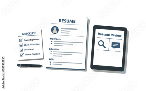 Clean resume review workspace concept viewed from above with generic CV sheets checklist card and tablet aligned clearly, placed