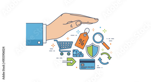 Hand holding online shopping elements with security and search features.