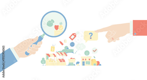 Hands holding magnifying glass and pointing at various icons and symbols.