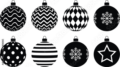 Christmas Ball Ornament Silhouette Set Decorative Holiday Baubles with Patterns Snowflake and Star Isolated on White Background