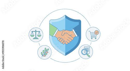 Shield with handshake and icons representing security and trust.