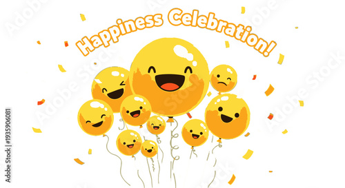 Balloons with Happy Emoji Faces and Confetti.