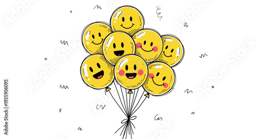 Hand drawn bunch of yellow smiley face balloons on white background.