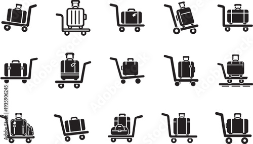 Luggage icon collection with suitcase trolley line set and baggage claim symbol vector illustration.