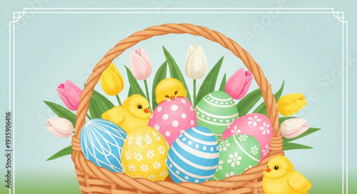 Colorful easter eggs and chicks in a wicker basket with tulips springtime celebration