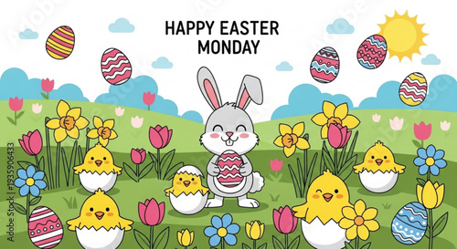 Easter bunny and chicks in colorful spring flowers and eggs on green grass sunny day