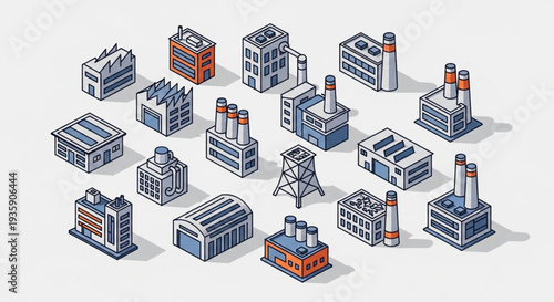 Collection of isometric industrial factory buildings and structures.