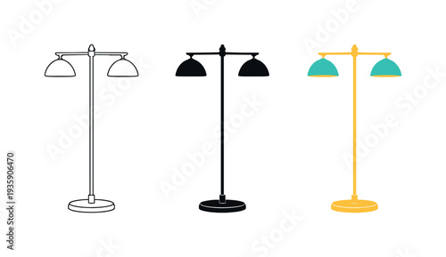 Design equilibrium context depicted as a symmetrical floor lamp with vertical stand and evenly balanced shade centered and