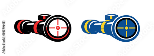 Two-Color vector icons of focused optical sight: tube-lens arc, curved eyepiece ring, soft grip contour, balanced viewer sweep;