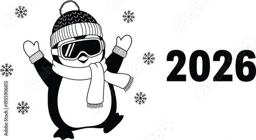 Penguin in winter gear with goggles and scarf celebrating 2026 snow
