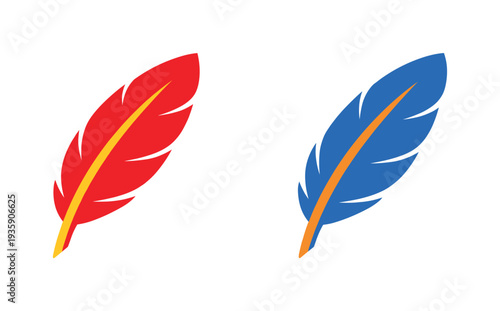Two-Color vector icons of simple smooth quills: plain feather outline, calm curve stem, even barb arc, neutral vane line; minimal