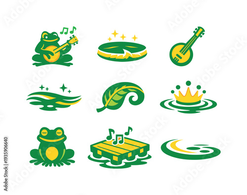 Two-Color vector icons of enchanted pond performers echoing a banjo frog: harmonic frog, luminous pad edge, petite banjo, gentle