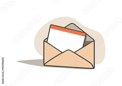 Open envelope angled slightly with card leaning out in side view, arranged in the right third of a 3:2 canvas with generous