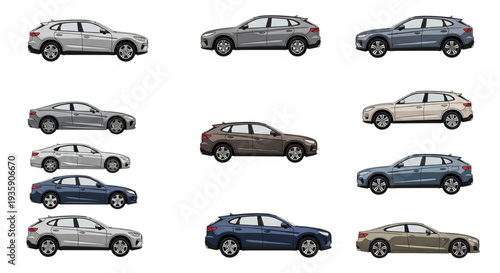 Collection of modern cars in various models and colors.