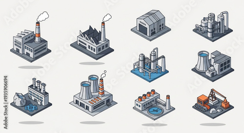 Collection of isometric industrial factory buildings with smokestacks.