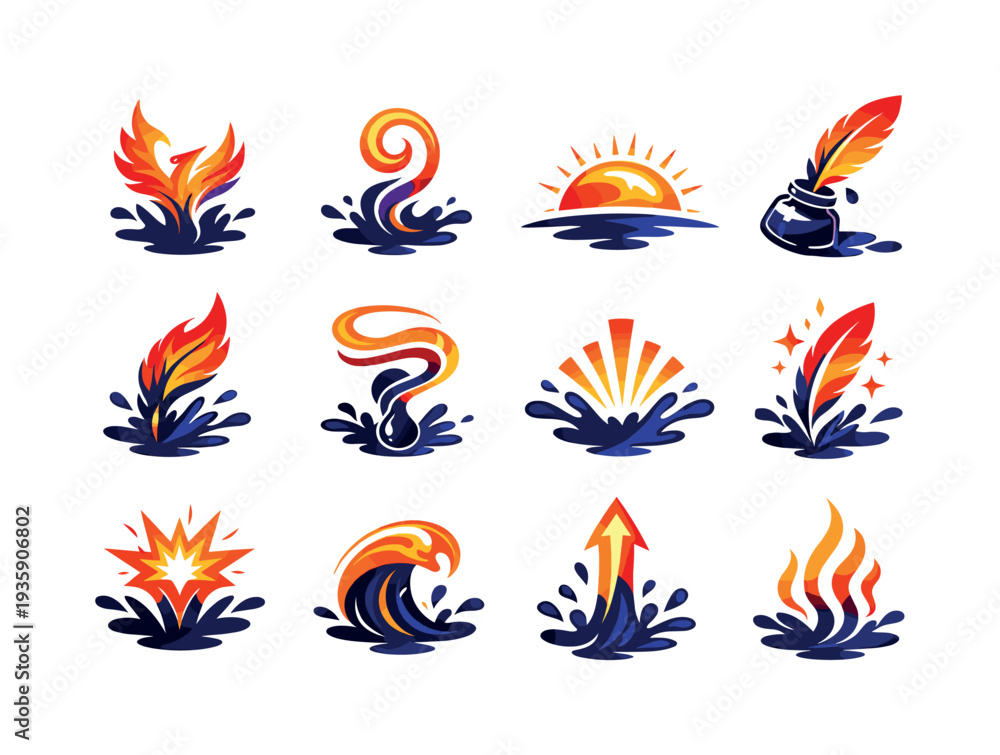 Obraz premium Two-Color vector icons of rebirth emerging from creative ink (related theme): flame bird, ink curl, rising arc, tipped well;