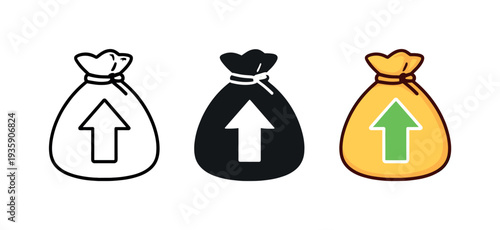 Positive return scene showing a money bag with a bold upward arrow on its surface, same silhouette arranged side by side and