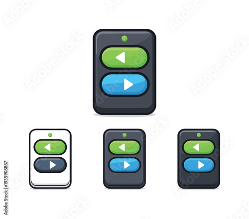 Slide navigation action illustrated by a rectangular clicker with two large buttons and subtle indicator light viewed