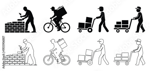 Construction Worker and Delivery Service Icon Set with Mason Building Wall, Courier Riding Bicycle Warehouse Worker Pushing Cart Logistics and Labor Profession Silhouette and Outline Vector Collection