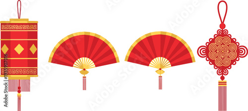 Red chinese lanterns and fans with gold accents