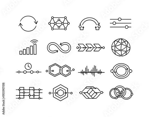 AI Security Icons Grid. Line style vector icons of artificial intelligence security tools: sync line, pattern contour, feedback