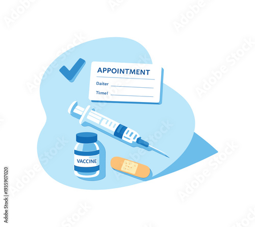 Airy vaccination appointment concept emphasizing preparedness and reassurance seen in top-down macro perspective, positioned in