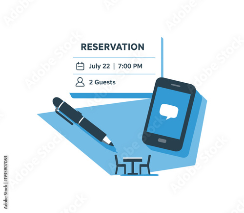 Refined contemporary restaurant reservation concept with essential reservation card pen smartphone and table icon subtly offset