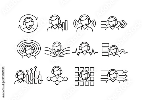 Line style vector icons of customer support service agent productivity: sync arc, frequency stripe, rhythm band, transition