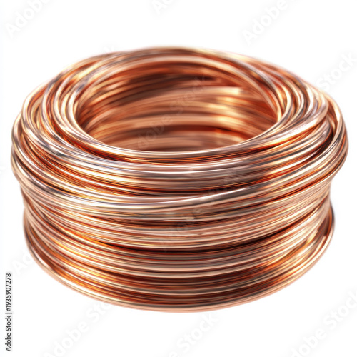 Neatly coiled copper wire displayed on a white background highlighting the metallic shine and smooth surface of the conductive material commonly used for electrical wiring and industrial applications