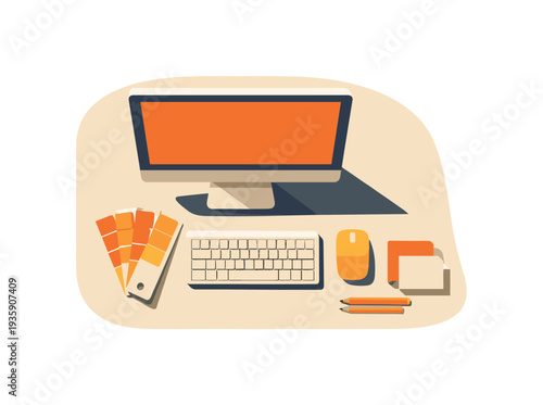 Graphic design workstation concept with simple desktop monitor keyboard mouse and color swatches arranged neatly seen from