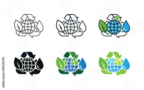 Climate awareness symbol illustrating a leaf, globe, recycling icon, and water droplet, conveying ecological responsibility,