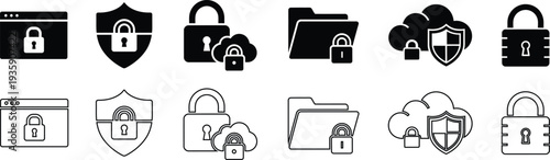 Security icons set with various padlocks and shields on white background