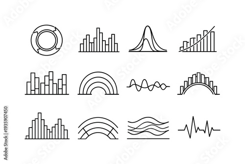 Line Style Icons. Line style vector icons of data visualization histogram charts: flow ring, variation bar, resonance contour,