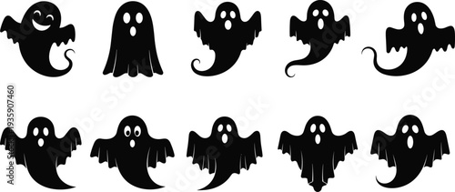 Cute Halloween Ghost Silhouette Set Spooky Cartoon Spirit Characters Collection Isolated on White Background