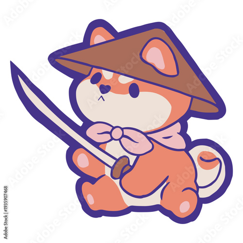 Fotografi Dashing fox wearing an asian hat and a sword
