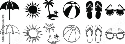 Beach vacation icons and summer symbols
