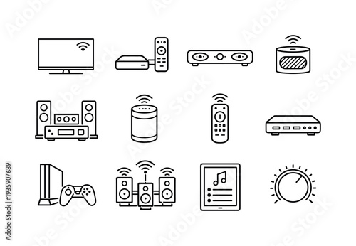 Line style vector icons of smart home entertainment devices: smart TV, streaming box, soundbar speaker, wireless speaker, home