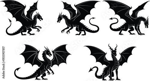 Dragon silhouette set fantasy mythical creature with wings medieval monster vector collection isolated on white