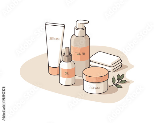 Calm skincare regimen minimal set with containers slightly angled for balance shown from above, arranged in the right third of a